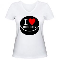Женская футболка с V-образным вырезом I love hockey - PrintSalon
