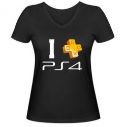 Женская футболка с V-образным вырезом I love PS4 - PrintSalon