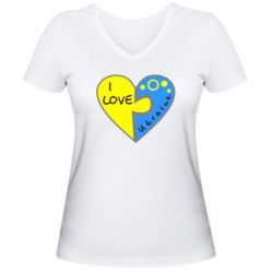 Женская футболка с V-образным вырезом I love Ukraine пазлы - PrintSalon
