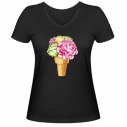 Женская футболка с V-образным вырезом Ice cream flowers - PrintSalon