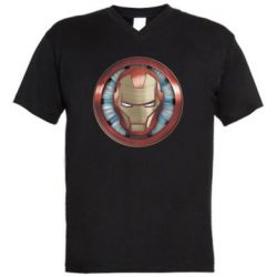 Мужская футболка  с V-образным вырезом Iron man helmet wood texture - PrintSalon