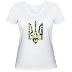 Женская футболка с V-образным вырезом Камуфляжный герб Украины