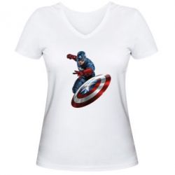 Женская футболка с V-образным вырезом Капитан Америка - PrintSalon
