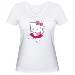 Женская футболка с V-образным вырезом Kitty балярина - PrintSalon