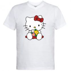 Мужская футболка  с V-образным вырезом Kitty с букетиком - PrintSalon
