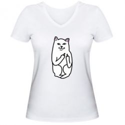 Женская футболка с V-образным вырезом Кот с факом - PrintSalon