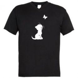 Мужская футболка  с V-образным вырезом котик и бабочка - PrintSalon