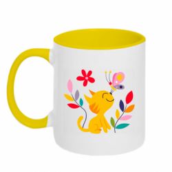 Чашка двухцветная 320ml Cat, Flowers and Butterfly - PrintSalon