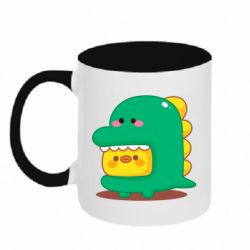 Чашка двухцветная 320ml Уточка в костюме динозавра - PrintSalon
