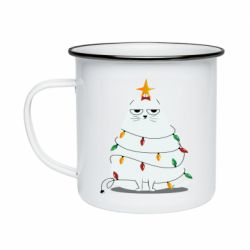 Кружка эмалированная Cat and Christmas Lights - PrintSalon