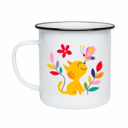 Кружка эмалированная Cat, Flowers and Butterfly - PrintSalon