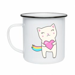 Кружка эмалированная Cute cat with heart - PrintSalon