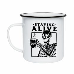 Кружка эмалированная Staying alive with coffee - PrintSalon