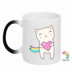 Чашка-хамелеон Cute cat with heart - PrintSalon