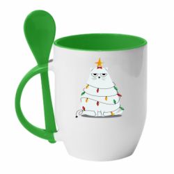 Чашка с ложкой Cat and Christmas Lights - PrintSalon