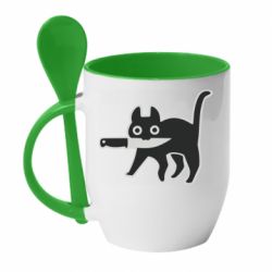 Чашка с ложкой Cat with a knife - PrintSalon