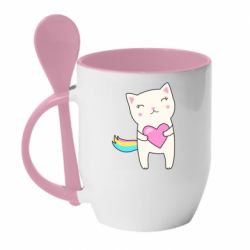 Чашка с ложкой Cute cat with heart - PrintSalon