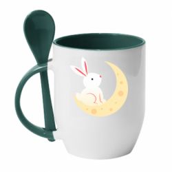 Чашка с ложкой Cute rabbit on the moon - PrintSalon
