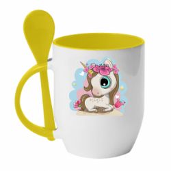 Чашка с ложкой Unicorn with flowers - PrintSalon