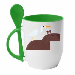 Чашка с ложкой Капибара с цаплей - PrintSalon