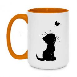 Чашка двухцветная 420ml Котик с бабочкой - PrintSalon