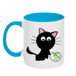 Чашка двухцветная 320ml Кошечка и аквариум - PrintSalon