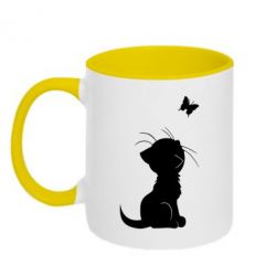 Чашка двухцветная 320ml Котик с бабочкой - PrintSalon