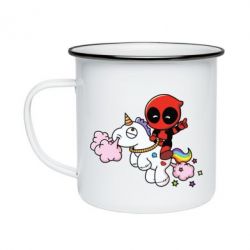 Кружка емальована Deadpool on the unicorn - PrintSalon