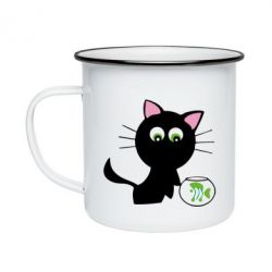 Кружка эмалированная Кошечка и аквариум - PrintSalon