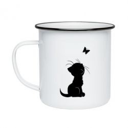 Кружка эмалированная Котик с бабочкой - PrintSalon