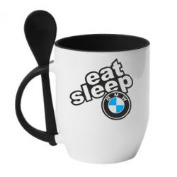 Чашка с ложкой Eat, sleep, BMW - PrintSalon