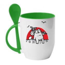 Чашка с ложкой Кот Саймона на фоне заката - PrintSalon