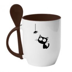 Чашка с ложкой Котик и паук - PrintSalon