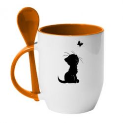 Чашка с ложкой Котик с бабочкой - PrintSalon