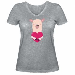 Жіноча футболка з V-подібним вирізом Lama with heart - PrintSalon
