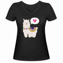 Женская футболка с V-образным вырезом Lama with pink heart - PrintSalon