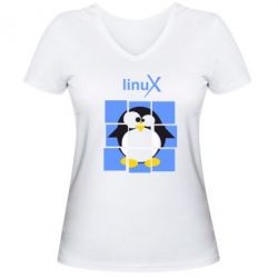 Жіноча футболка з V-подібним вирізом Linux pinguine - PrintSalon