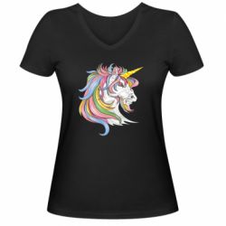 Женская футболка с V-образным вырезом Лошадь с цветной гривой - PrintSalon