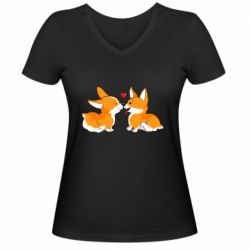 Жіноча футболка з V-подібним вирізом Loving Corgi Couple - PrintSalon