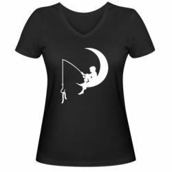 Женская футболка с V-образным вырезом Мальчик рыбачит - PrintSalon