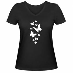 Женская футболка с V-образным вырезом Many butterflies - PrintSalon