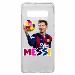 Чехол для Samsung S10+ Месси с мячом, полигональный портрет