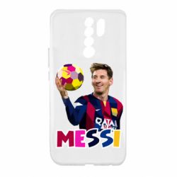 Чехол для Xiaomi Redmi 9 Месси с мячом, полигональный портрет