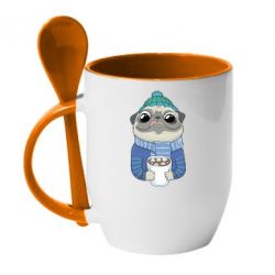 Чашка с ложкой Мопс любит кофе - PrintSalon