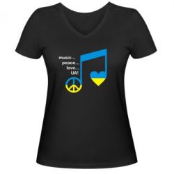 Женская футболка с V-образным вырезом Music, peace, love UA - PrintSalon