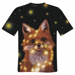 Мужская футболка 3D Fox And Christmas Lights-PrintSalon Мужская футболка 3D Fox And Christmas Lights
