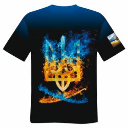 Чоловіча футболка 3D Герб Украины в желто - голубом огнем - PrintSalon