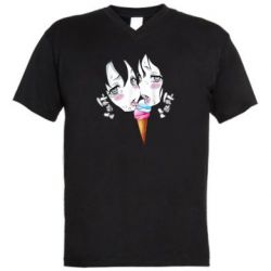 Мужская футболка  с V-образным вырезом Ahegao girl eating ice cream - PrintSalon
