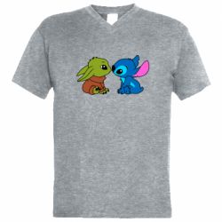 Мужская футболка  с V-образным вырезом Baby Yoda And Stitch - PrintSalon