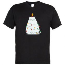 Мужская футболка  с V-образным вырезом Cat and Christmas Lights - PrintSalon